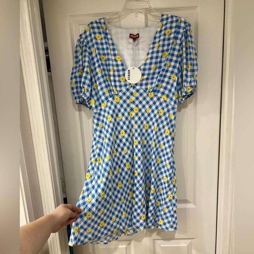 STAUD blue gingham yellow daisy Flowy dress